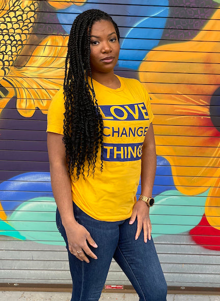 Love Changes Things UNISEX Signature Tee - Gold and Blue