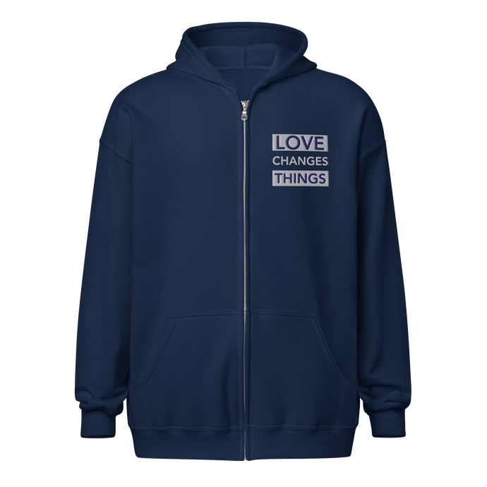 Love Changes Things Zip Up Hoodie - Embroidered - Navy Blue